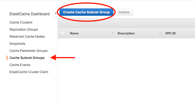 Create Cache Subnet Groupを選択