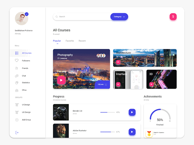 Courses Dashboard for Adobe XD