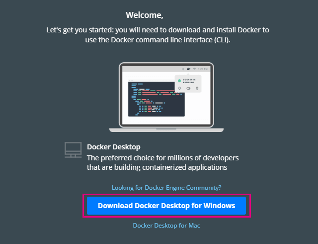 Download Docker Desktop for  windowsをクリック