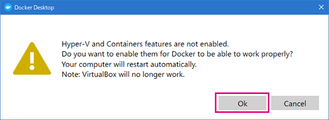 Hyper-V and Containers features are note enabled.