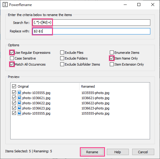 PowerRenameの正規表現によるファイル名一括変更